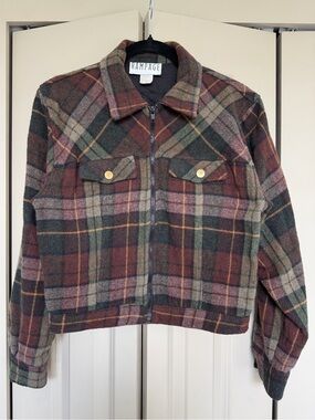 Rampage Plaid Zip-Front Jacket in Green, Brown & Cream